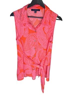 Tommy Hilfiger Medium Pink Red Paisley Tie-Front Sleeveless Blouse Summer Party